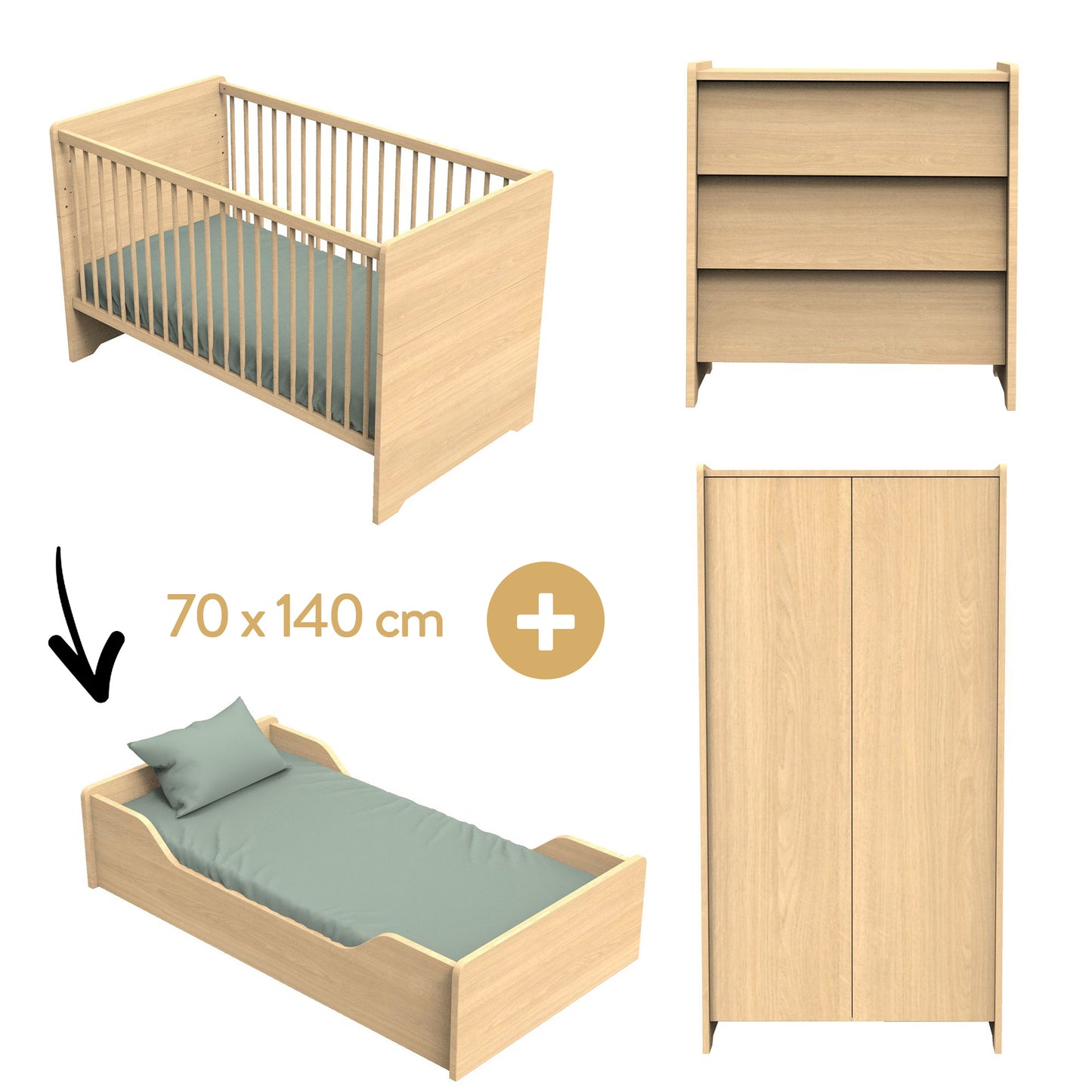 Chambre Cannelle : lit bébé évolutif 70x140 + commode + armoire