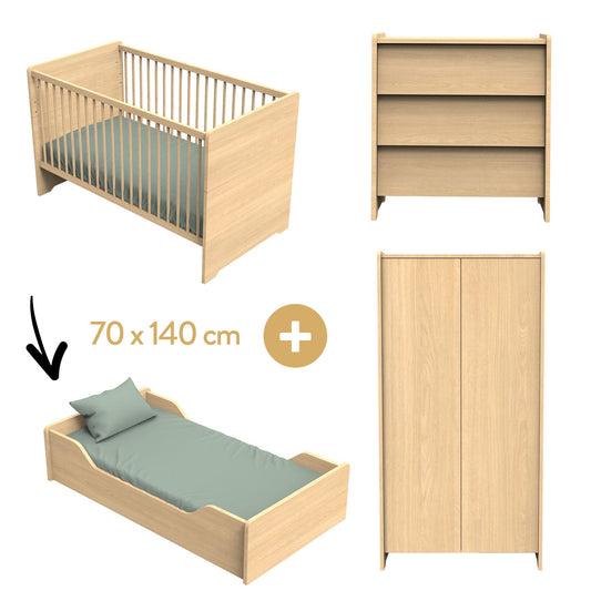 Chambre Cannelle : lit bébé évolutif 70x140 + commode + armoire
