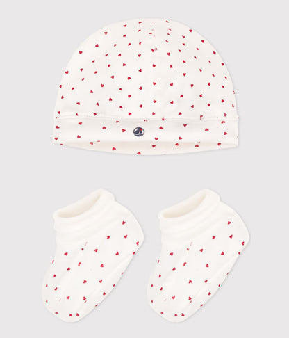 Lot de bonnet et chausson bébé en coton cœurs