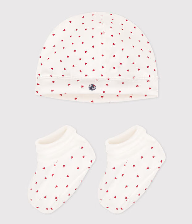 Lot de bonnet et chausson bébé en coton cœurs