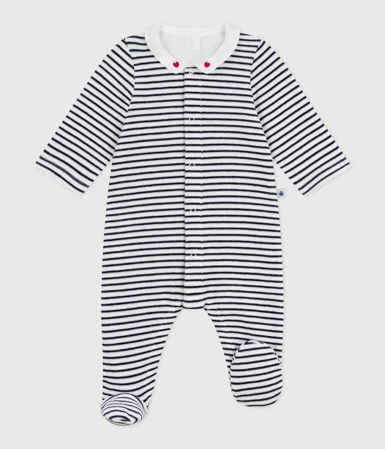 Pyjama bébé fille en velours rayé à col imprimé