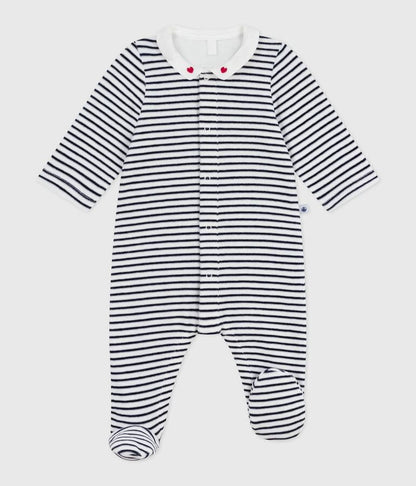 Pyjama bébé fille en velours rayé à col imprimé