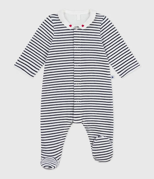 Pyjama bébé fille en velours rayé à col imprimé