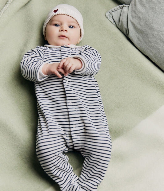 Pyjama bébé fille en velours rayé à col imprimé