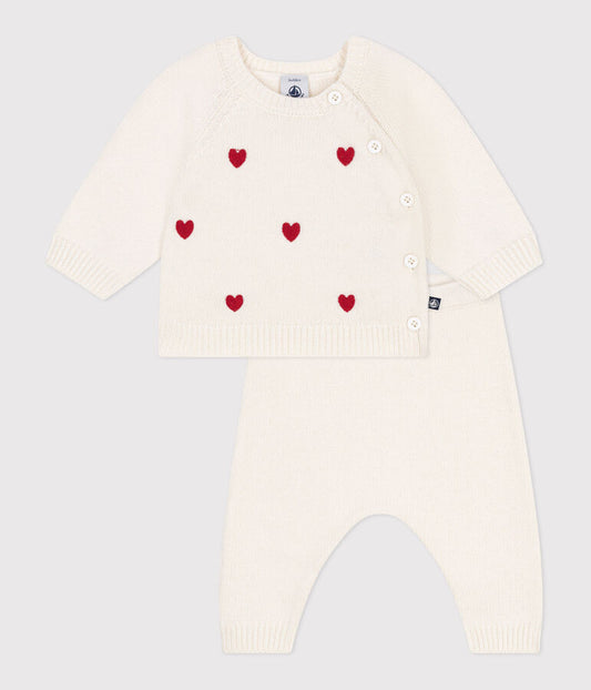 Ensemble 2 pièces bébé en tricot et cœurs brodés