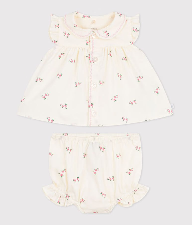Ensemble 2 pièces bébé en coton, blouse et bloomer