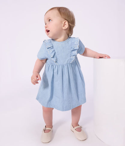 Robe bébé en coton manches courtes en chambray