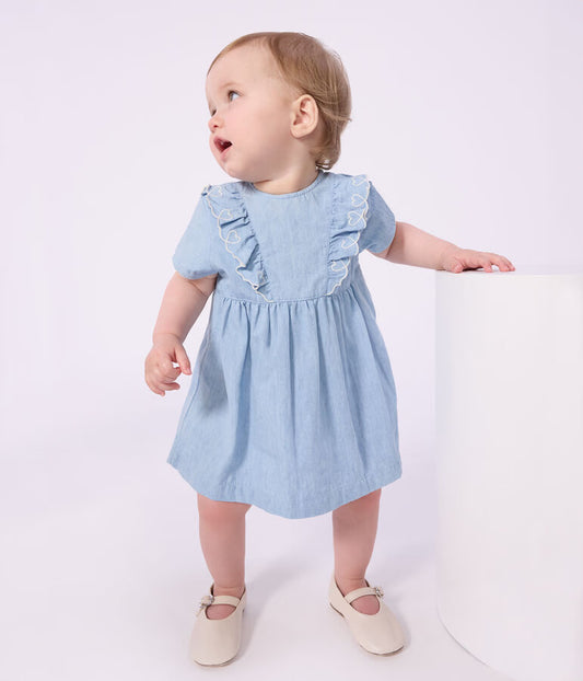 Robe bébé en coton manches courtes en chambray