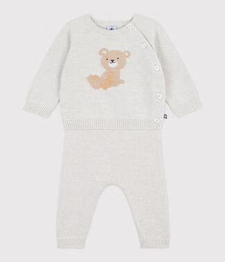 Ensemble 2 pièces bébé en tricot laine et coton et motif ourson