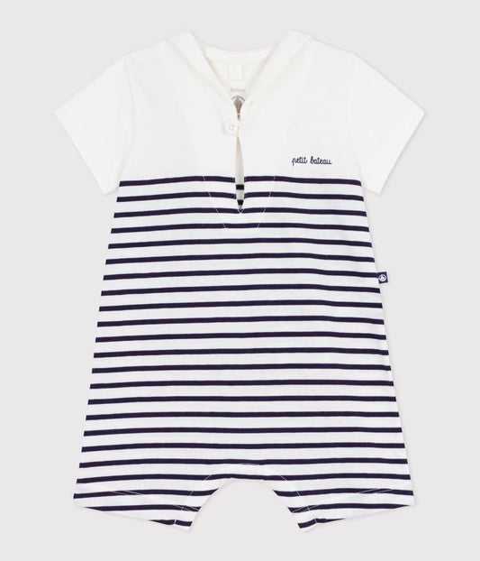 Combinaison courte bébé en coton rayée et col vareuse