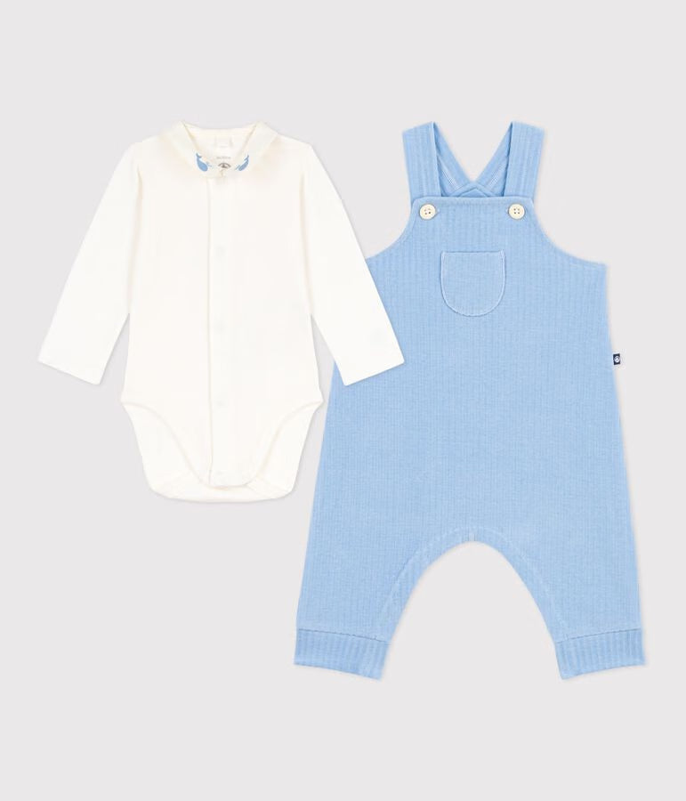 Ensemble salopette/body bébé en coton uni et détails brodés