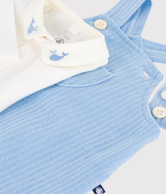 Ensemble salopette/body bébé en coton uni et détails brodés