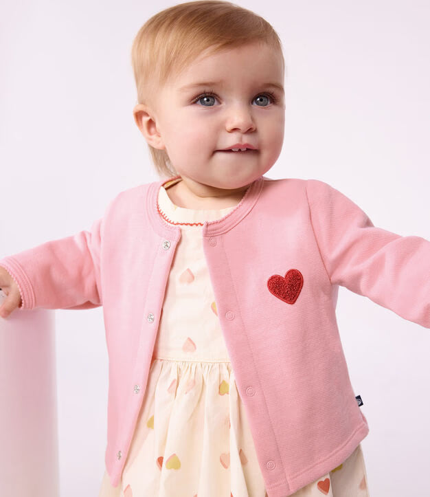 Cardigan bébé en coton uni et badge cœur