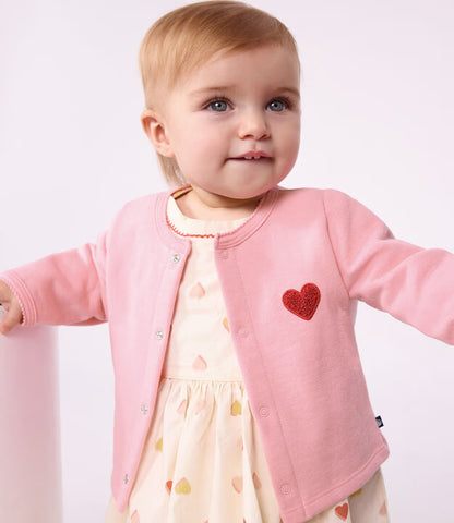 Cardigan bébé en coton uni et badge cœur
