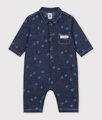 Combinaison longue bébé en denim imprimé bateaux