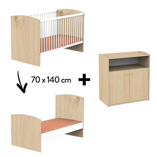 Chambre Alice Duo : Lit bébé 70 x 140 cm évolutif + Commode