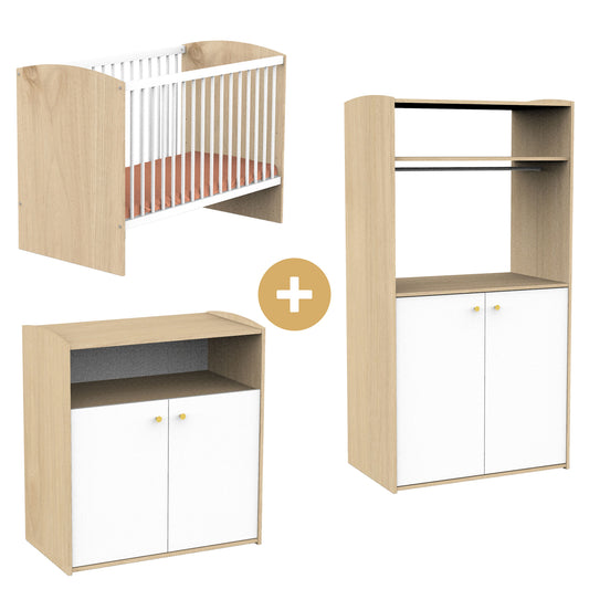 Chambre Alice : Lit bébé 60x120 cm + armoire + commode
