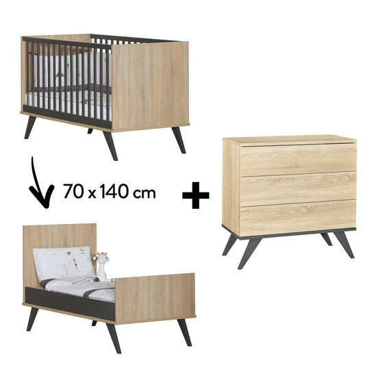 Chambre New York Duo : Lit bébé 70 x 140 cm évolutif + Commode