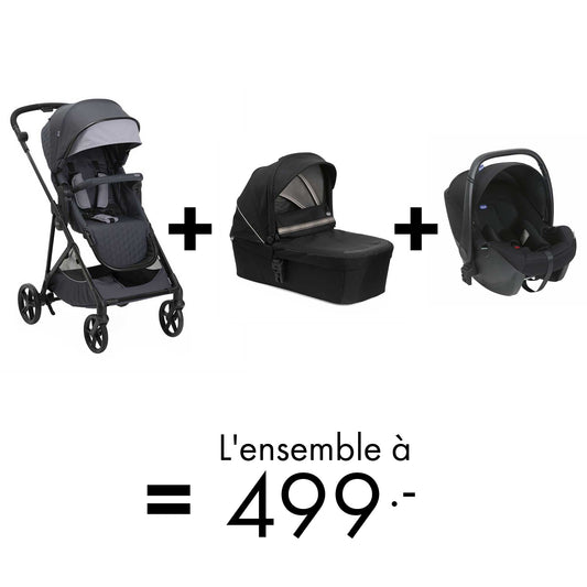 Offre Chicco : Poussette Seety + Nacelle Seety + siège auto Kory à 499.-