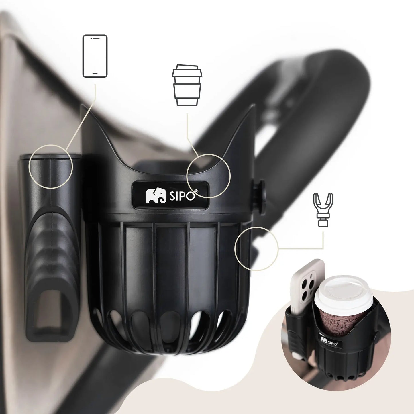 Porte-gobelet et porte-téléphone universel pour poussette